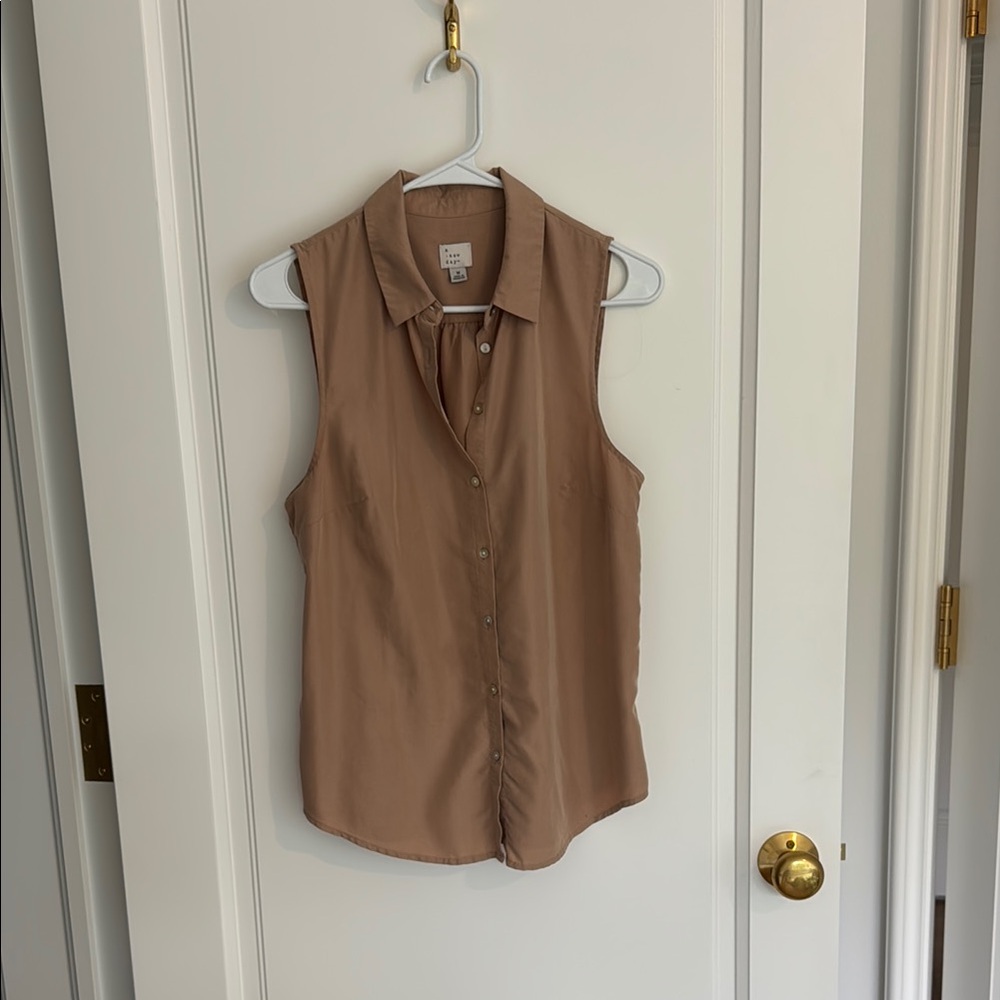 A New Day Tan Sleeveless Button Down Shirt Notched Collar